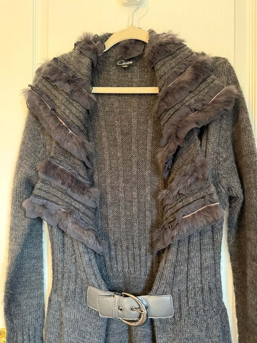 Cecico Gray Wool Blend Fur Ruffle Trim Cardigan Sweater Belted Size S